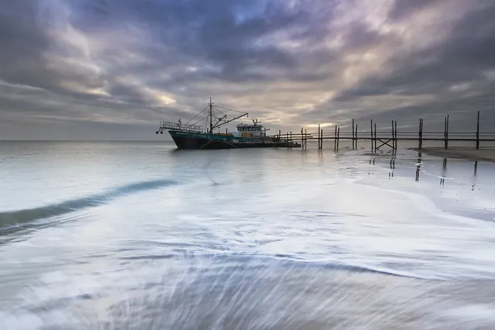 Framed Print : boat dock. Wooden Scaffolding on Texel