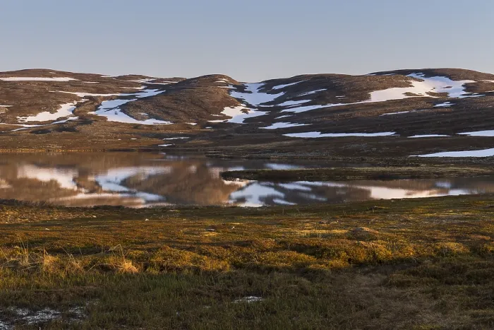 Framed Print : Landscape, tundra landscape with snow patches