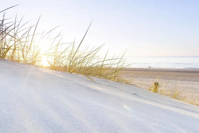 Framed Print : sunset in dunes at beach, zonsondergang aan strand
