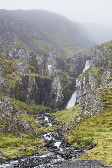 Framed Print : Waterfall, water flowing among steep rocks in Iceland Framed Print : Waterfall, water flowing among steep rocks in Iceland